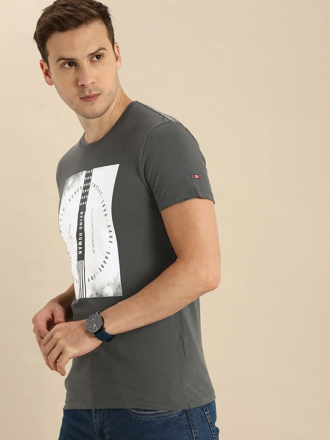 Grey Regular Fit Men's Short Sleeves T-Shirt by Being Human Clothing - Image 2