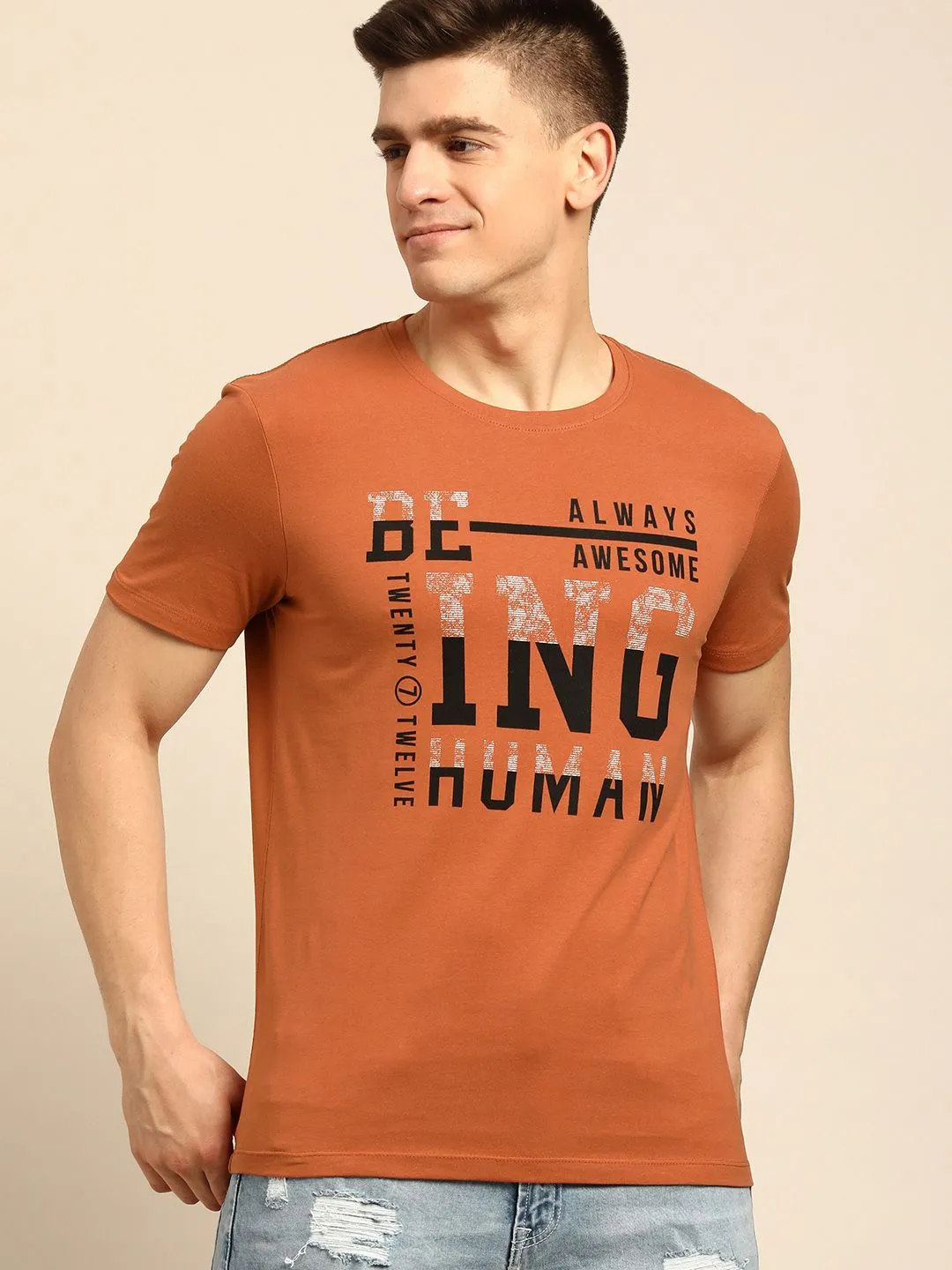 Brown Regular Fit Men's Short Sleeves T-Shirt by Being Human Clothing
