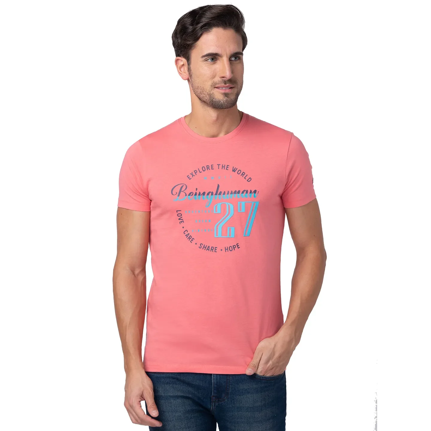 Pink Regular Fit Men's Short Sleeves T-Shirt by Being Human Clothing