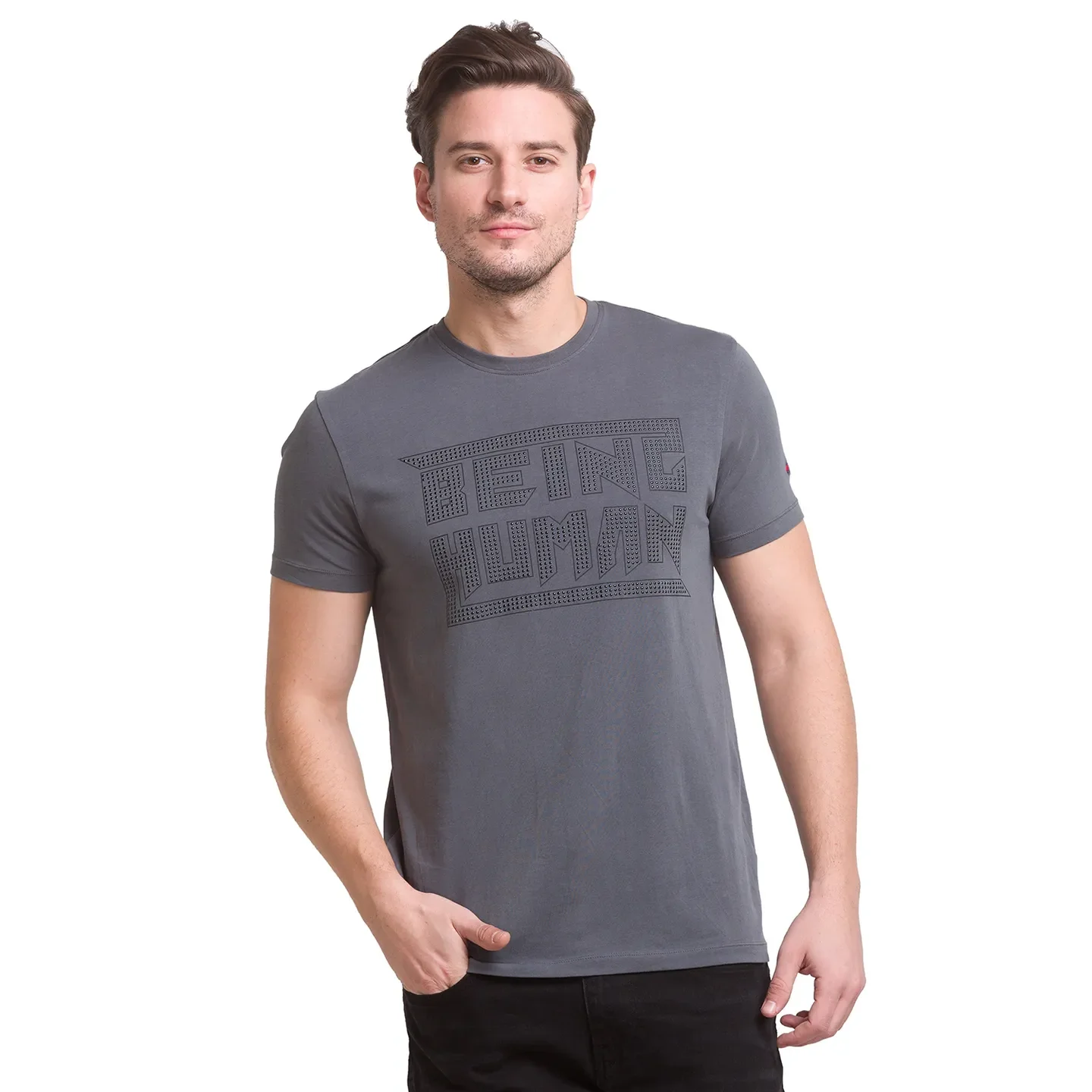 Dark Grey Regular Fit Round Neck Men's T-Shirt by Being Human Clothing - Image 2