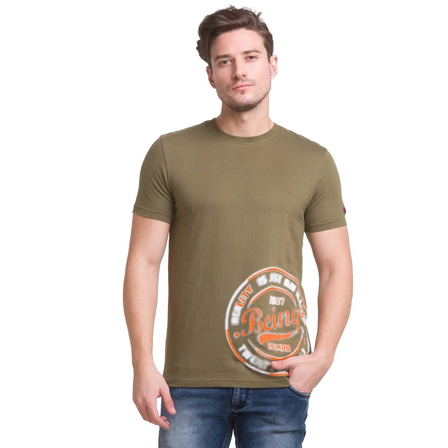 Dark Olive Regular Fit Round Neck Men's T-Shirt by Being Human Clothing - Image 2