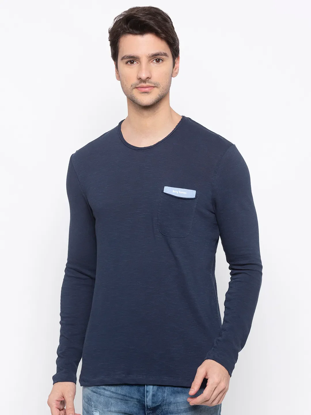 Blue Regular Fit Men's Long Sleeves T-Shirt by Being Human Clothing