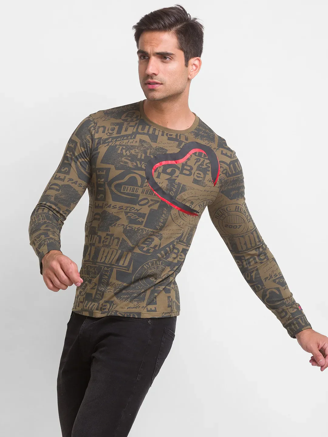 Green Regular Fit Men's Long Sleeves T-Shirt by Being Human Clothing - Image 2