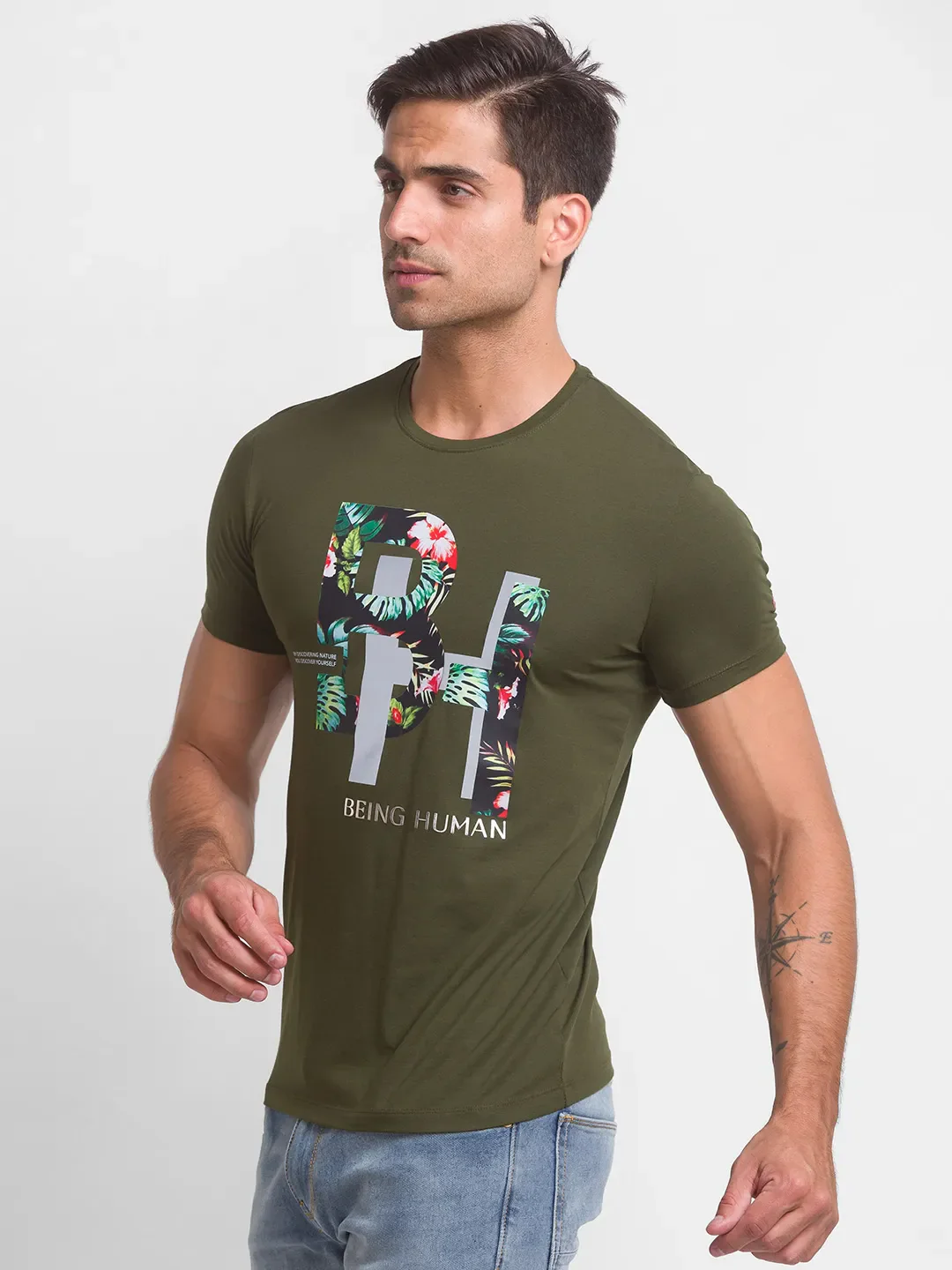 Dark Olive Regular Fit Round Neck Men's T-Shirt by Being Human Clothing - Image 2
