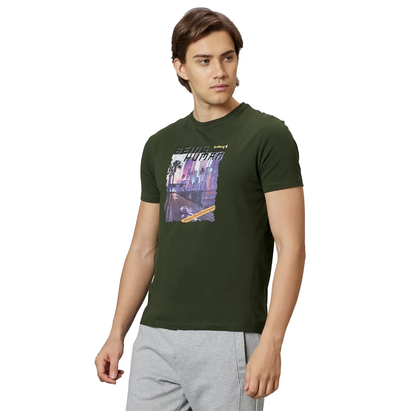 Dark Olive Regular Fit Round Neck Men's T-Shirt by Being Human Clothing - Image 3