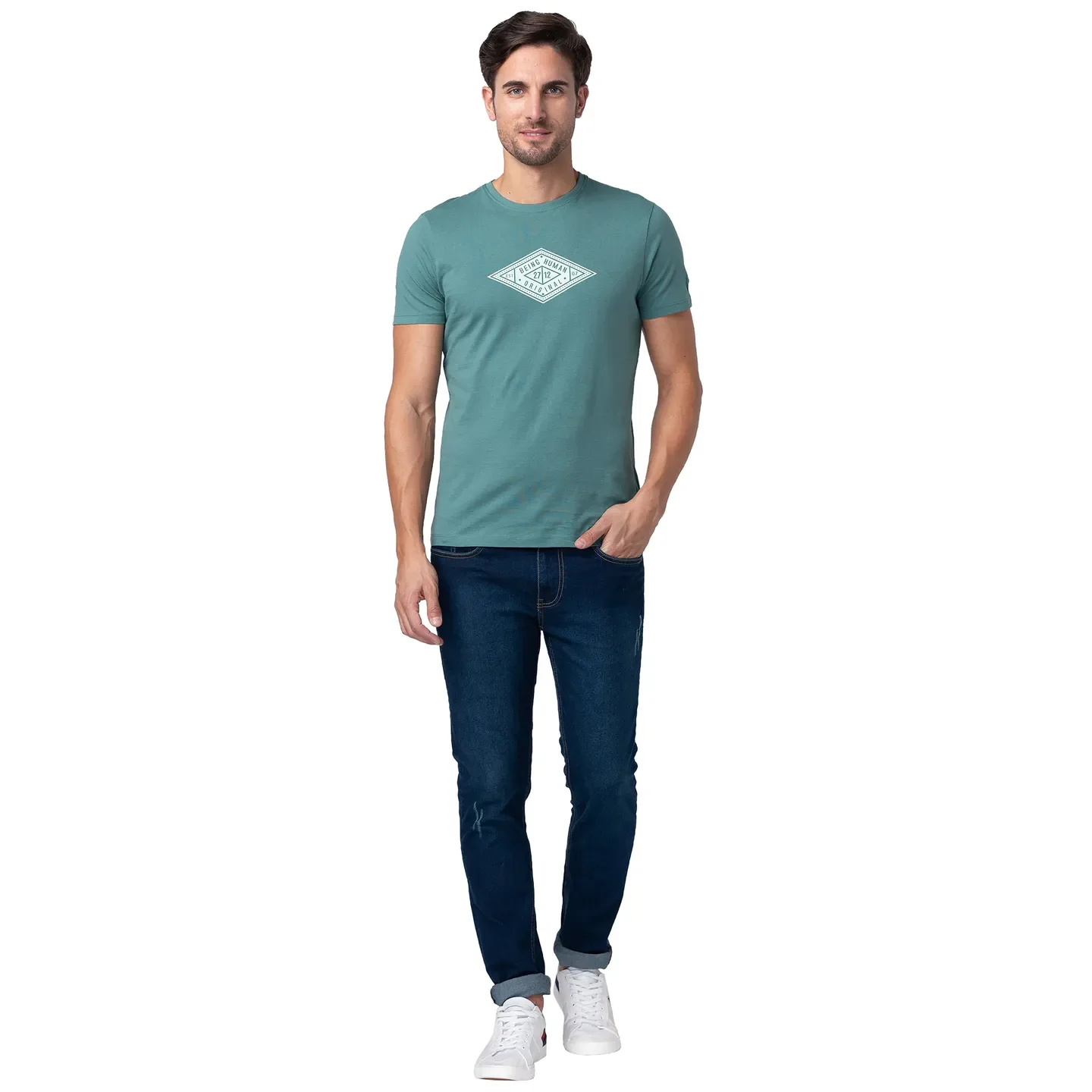 Green Regular Fit Men's Short Sleeves T-Shirt by Being Human Clothing - Image 2