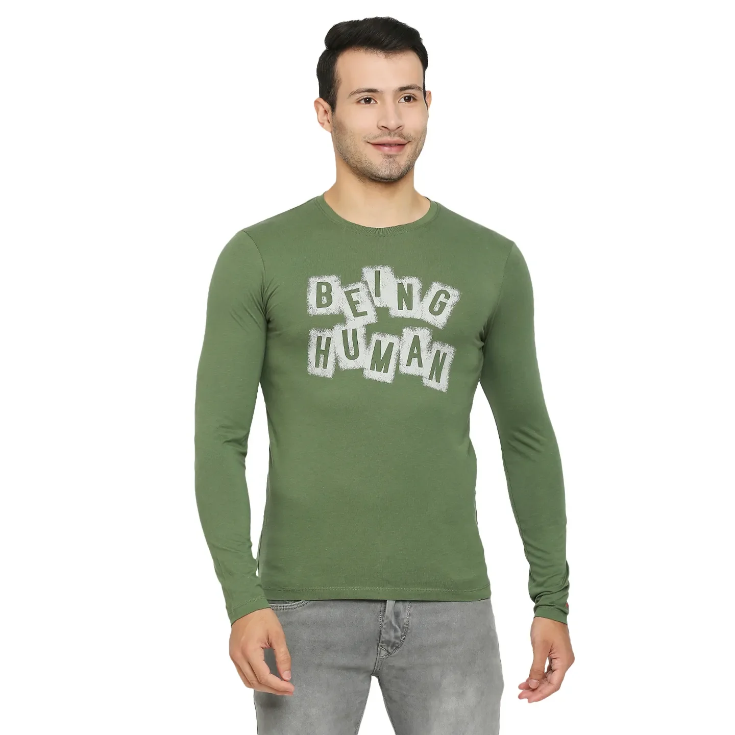 Green Regular Fit Men's Long Sleeves T-Shirt by Being Human Clothing