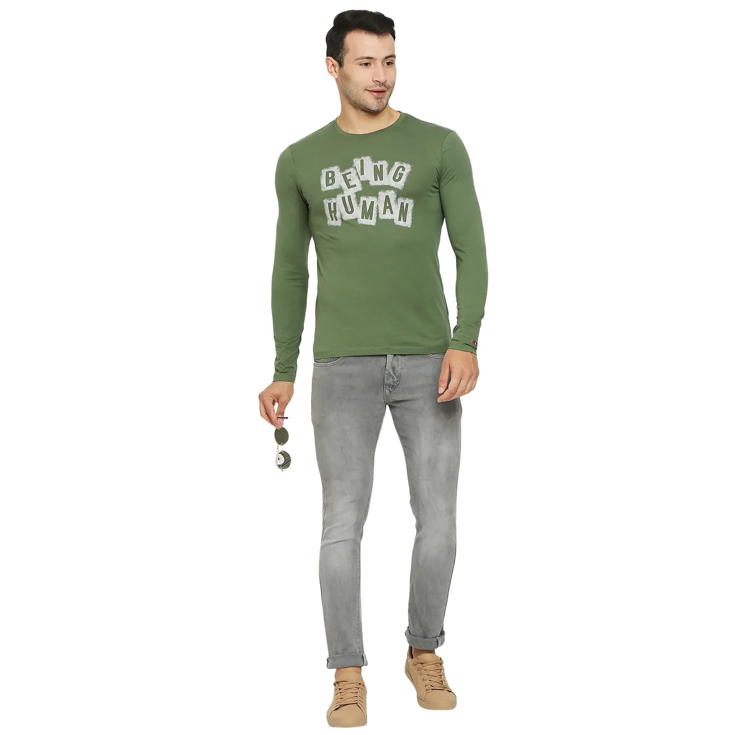 Green Regular Fit Men's Long Sleeves T-Shirt by Being Human Clothing - Image 12