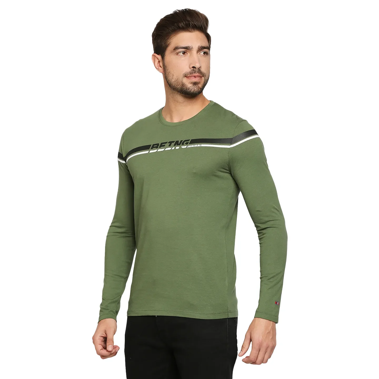 Green Regular Fit Men's Long Sleeves T-Shirt by Being Human Clothing