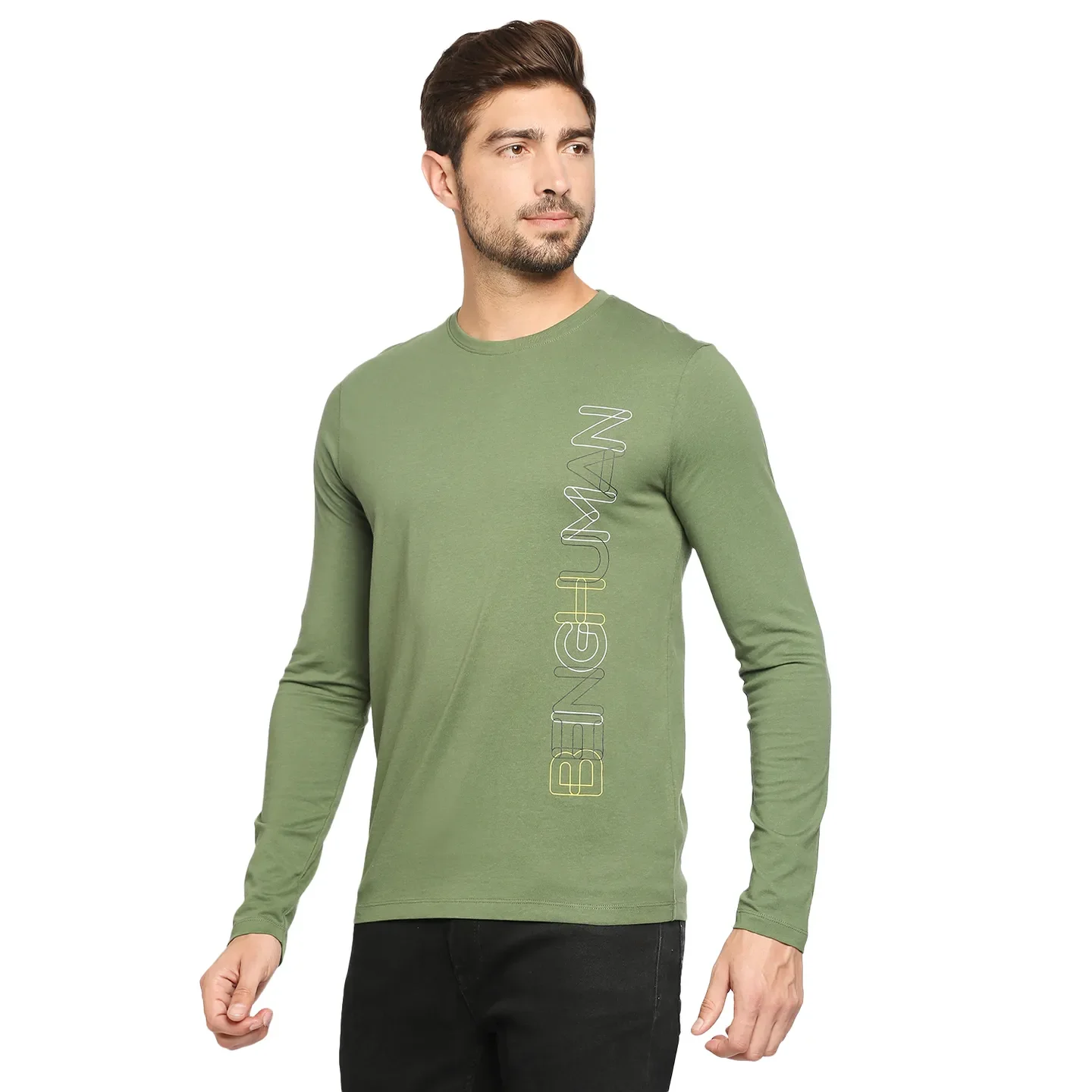 Green Regular Fit Men's Long Sleeves T-Shirt by Being Human Clothing - Image 3