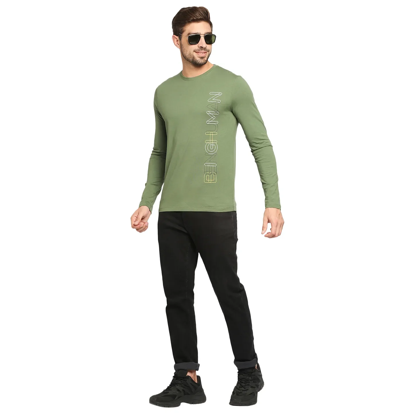 Green Regular Fit Men's Long Sleeves T-Shirt by Being Human Clothing - Image 6