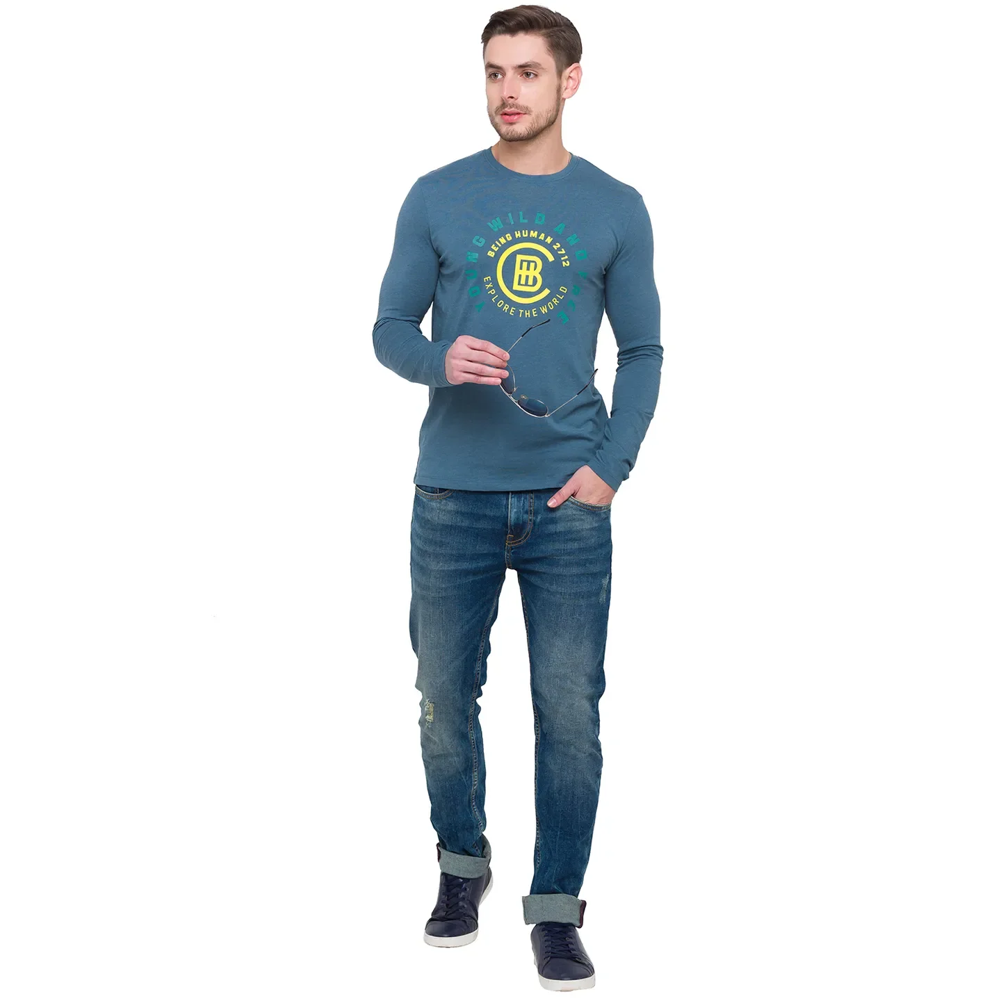 Green Regular Fit Men's Long Sleeves T-Shirt by Being Human Clothing - Image 2