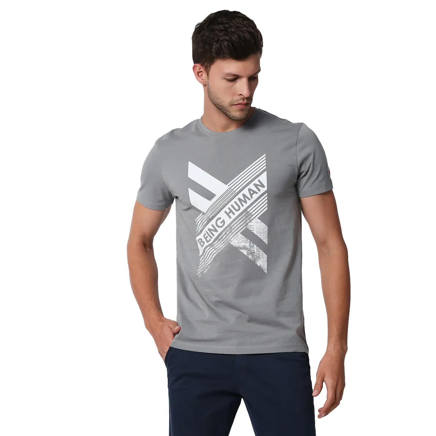 Grey Regular Fit Men's Short Sleeves T-Shirt by Being Human Clothing