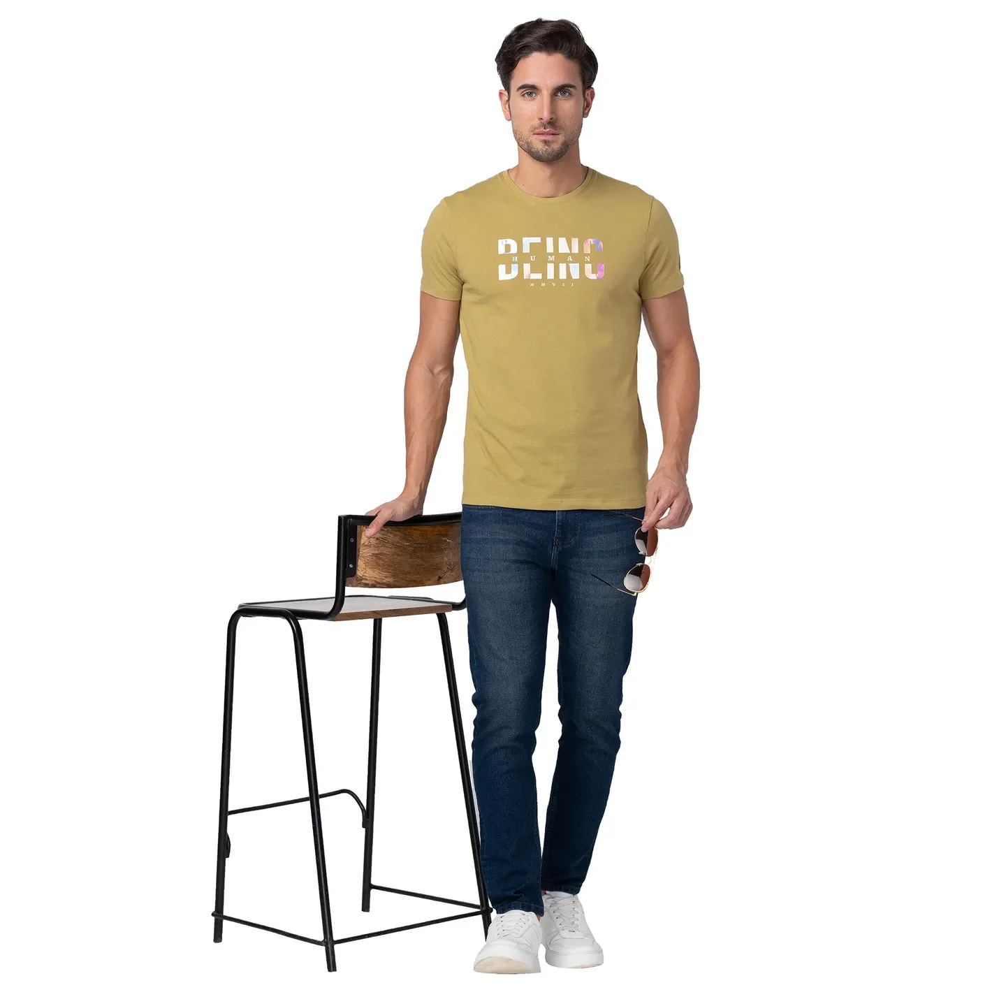 Khaki Regular Fit Round Neck Men's T-Shirt by Being Human Clothing - Image 6