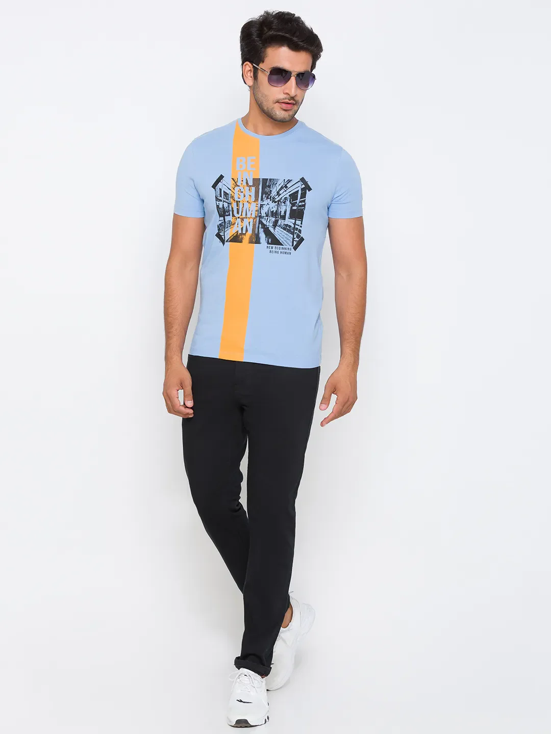 Light Blue Regular Fit Round Neck Men's T-Shirt by Being Human Clothing - Image 12