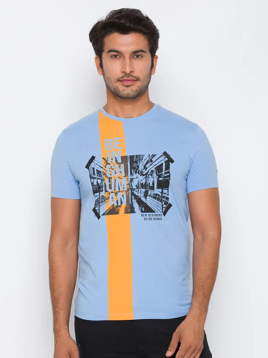Light Blue Regular Fit Round Neck Men's T-Shirt by Being Human Clothing - Image 13
