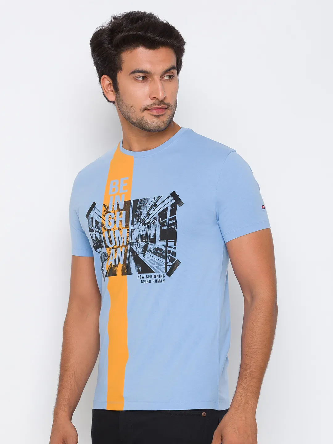 Light Blue Regular Fit Round Neck Men's T-Shirt by Being Human Clothing - Image 4