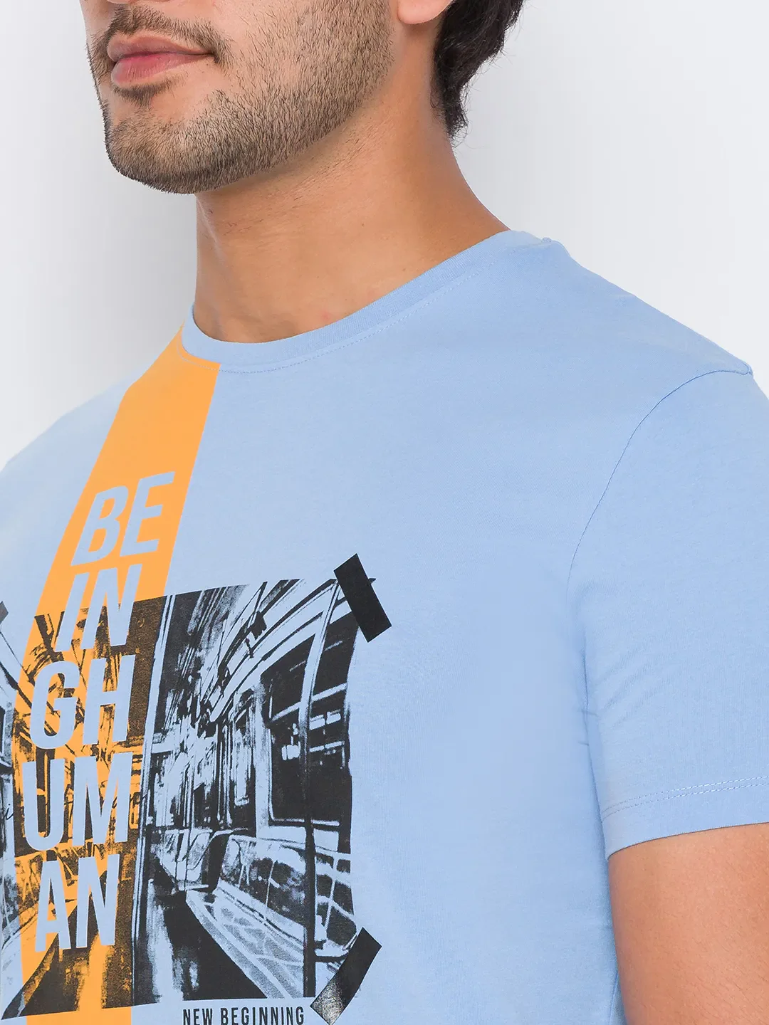 Light Blue Regular Fit Round Neck Men's T-Shirt by Being Human Clothing - Image 5