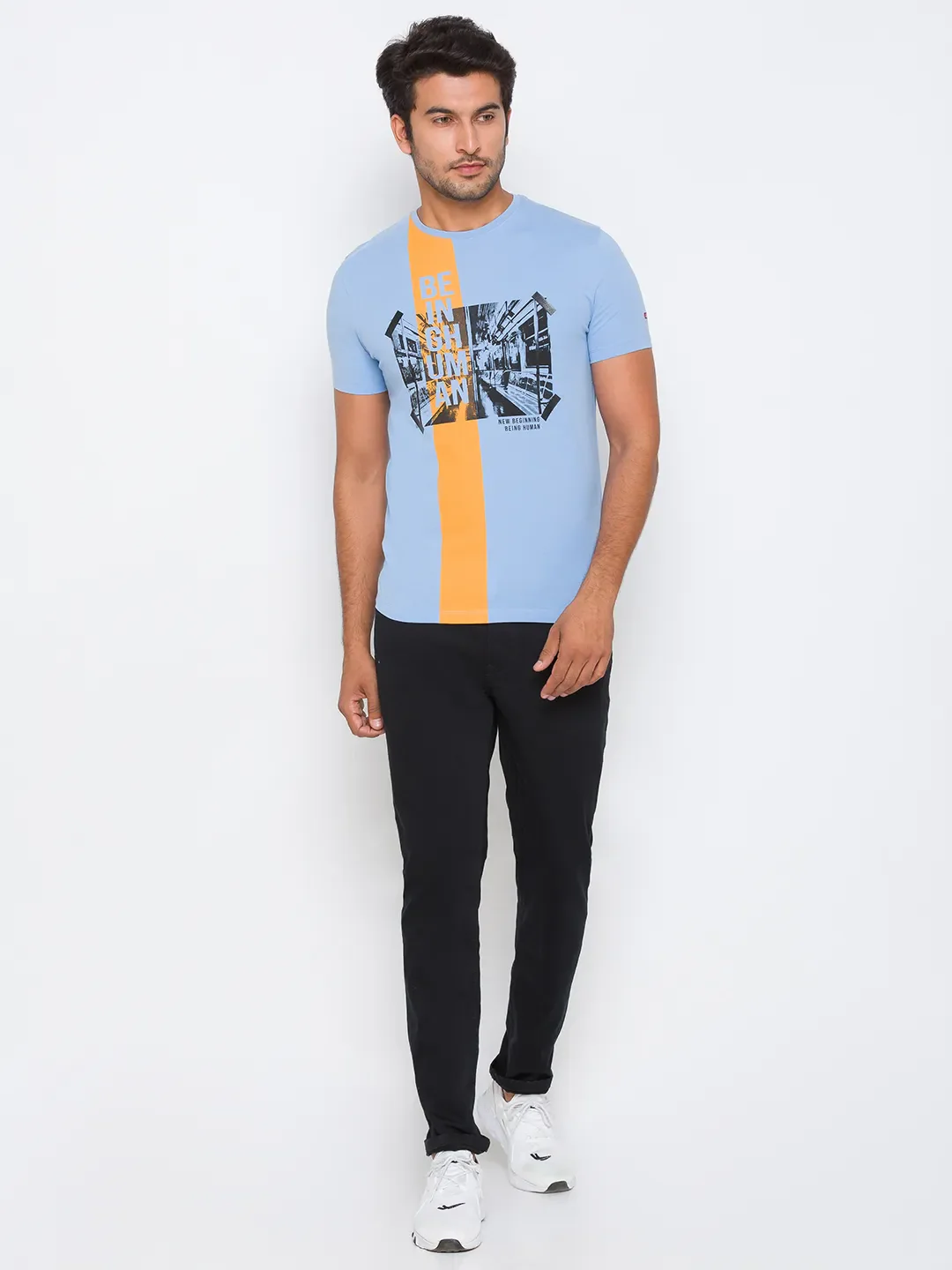 Light Blue Regular Fit Round Neck Men's T-Shirt by Being Human Clothing - Image 9