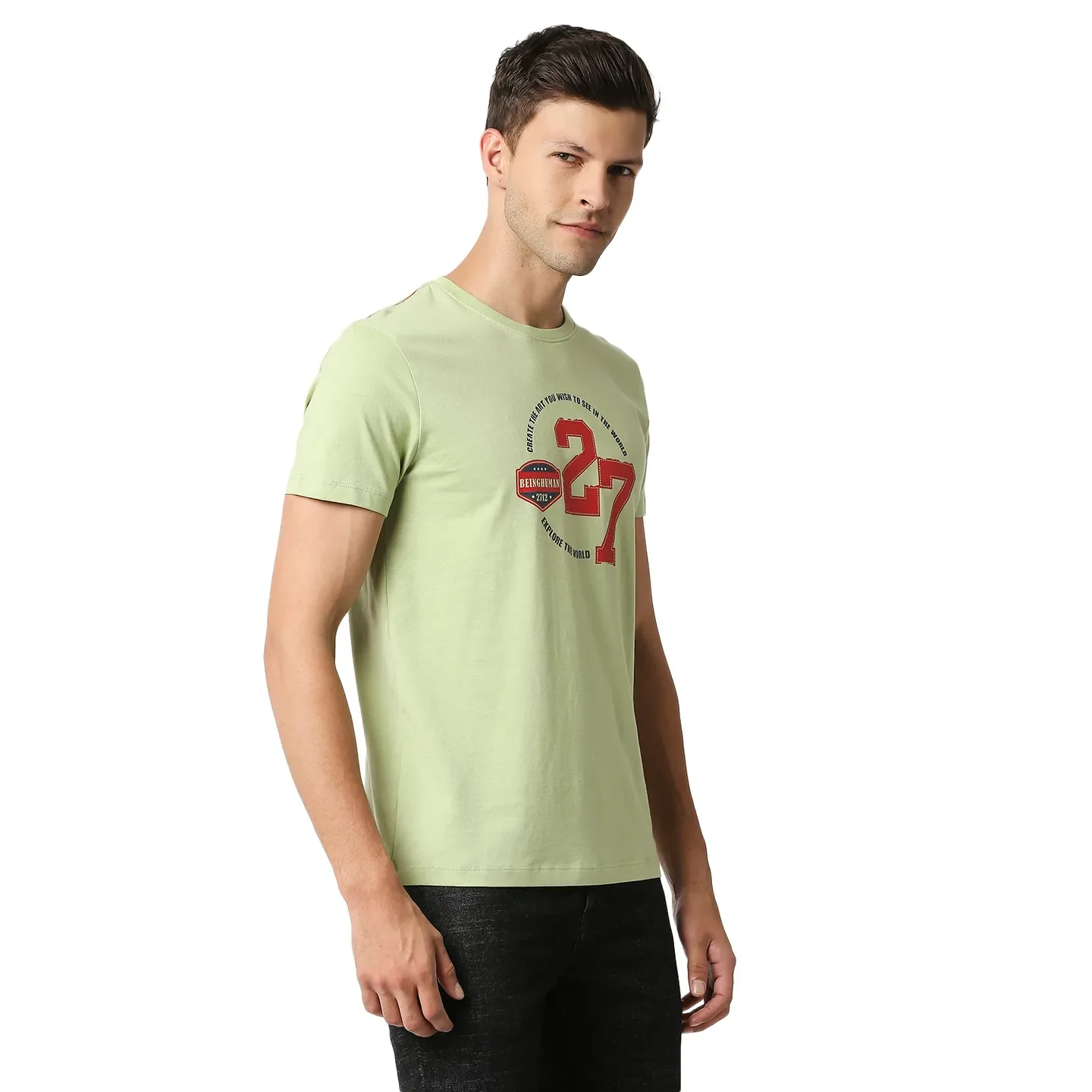 Light Olive Regular Fit Round Neck Men's T-Shirt by Being Human Clothing - Image 3