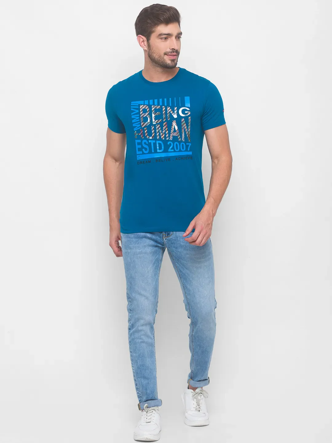 Blue Regular Fit Men's Short Sleeves T-Shirt by Being Human Clothing - Image 2