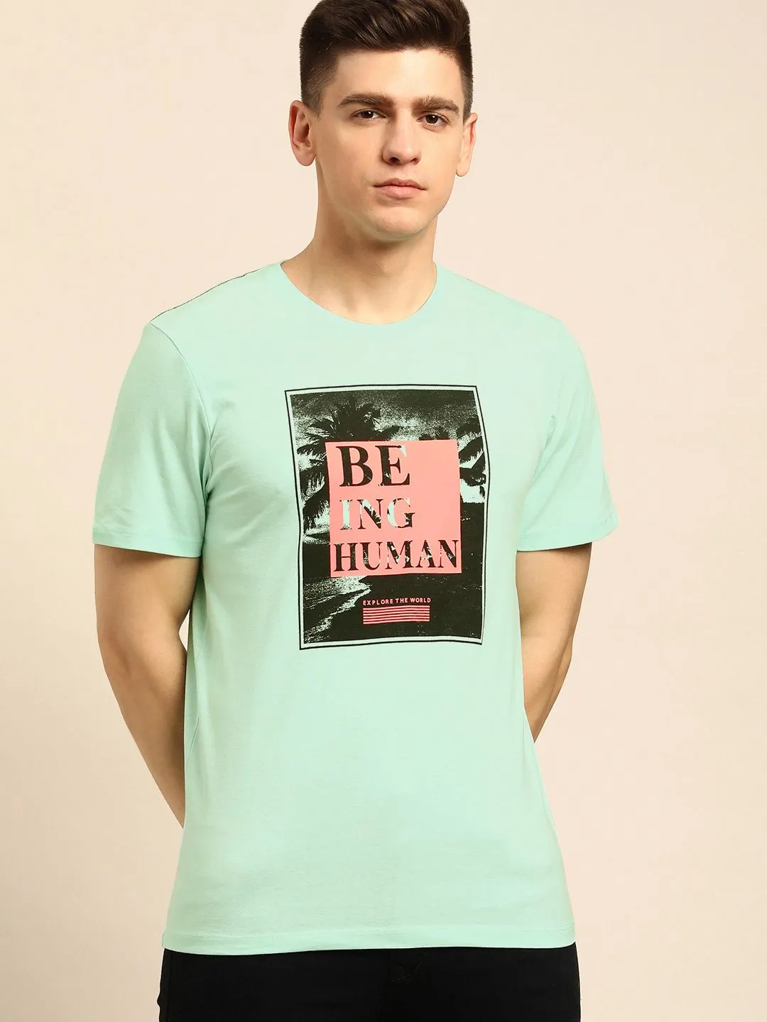Green Regular Fit Men's Short Sleeves T-Shirt by Being Human Clothing