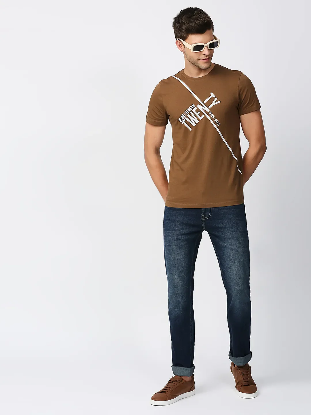 Brown Regular Fit Men's Short Sleeves T-Shirt by Being Human Clothing - Image 5