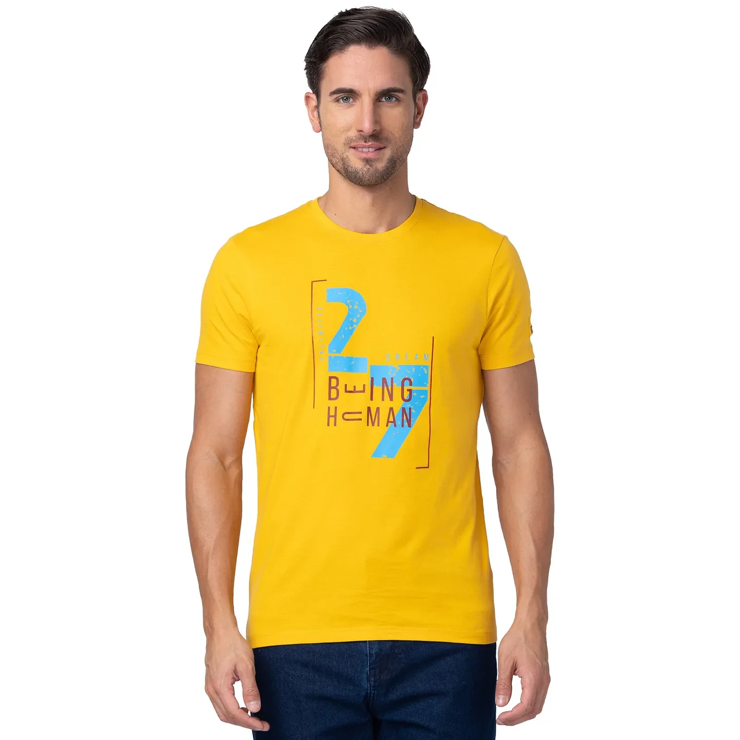 Mustard Regular Fit Round Neck Men's T-Shirt by Being Human Clothing