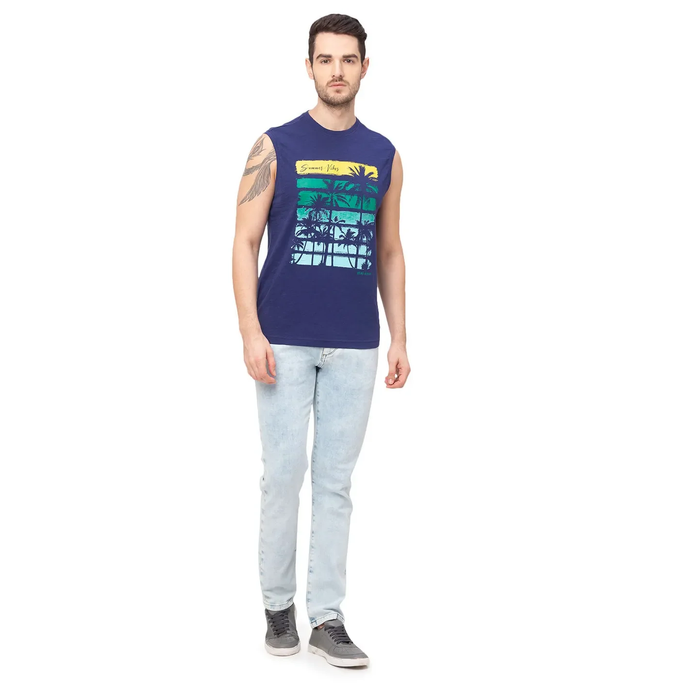 Blue Regular Fit Men's Sleevesles T-Shirt by Being Human Clothing - Image 2