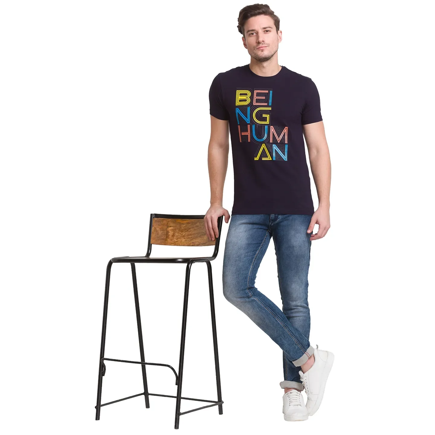 Navy Regular Fit Round Neck Men's T-Shirt by Being Human Clothing - Image 3