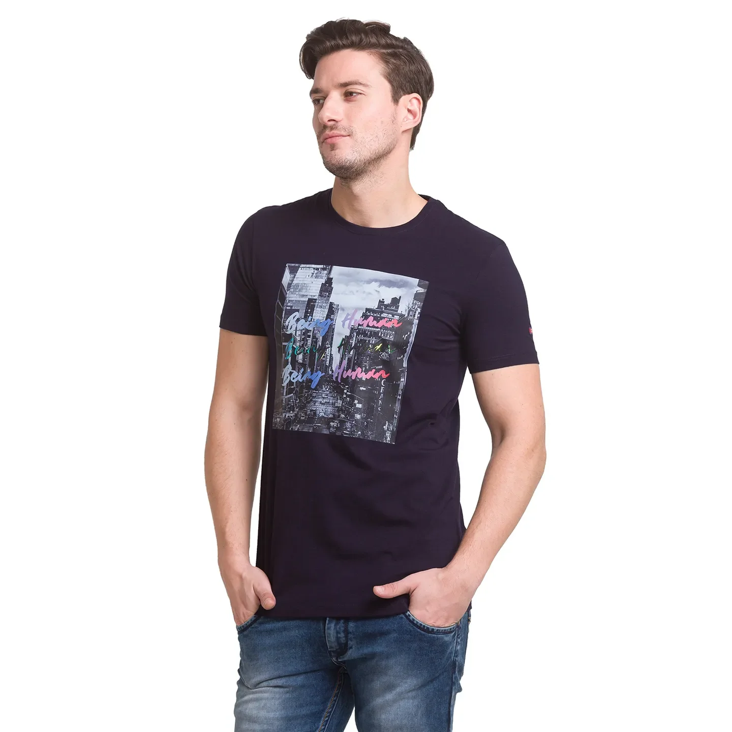 Navy Regular Fit Round Neck Men's T-Shirt by Being Human Clothing - Image 2