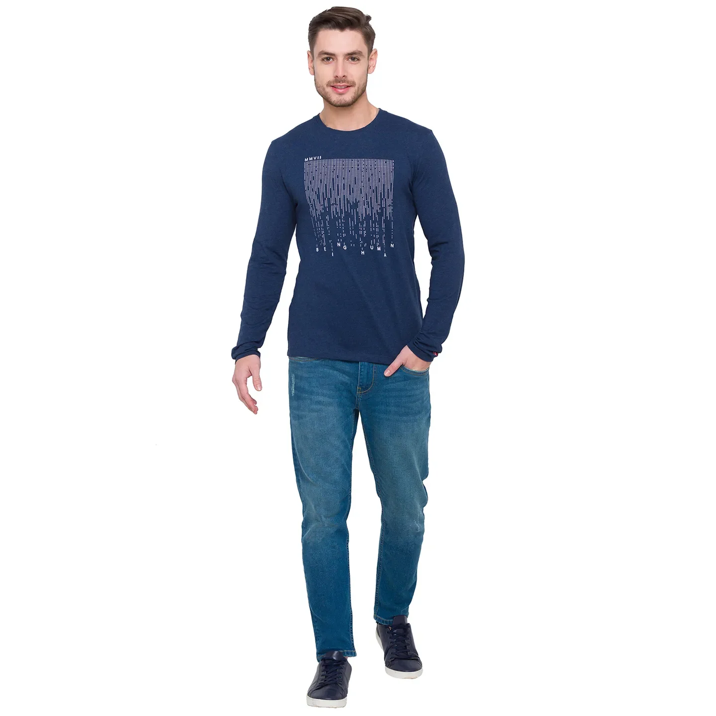 Blue Regular Fit Men's Long Sleeves T-Shirt by Being Human Clothing - Image 2