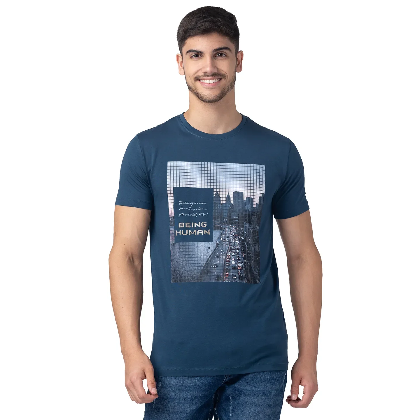 Ocean Blue Regular Fit Round Neck Men's T-Shirt by Being Human Clothing