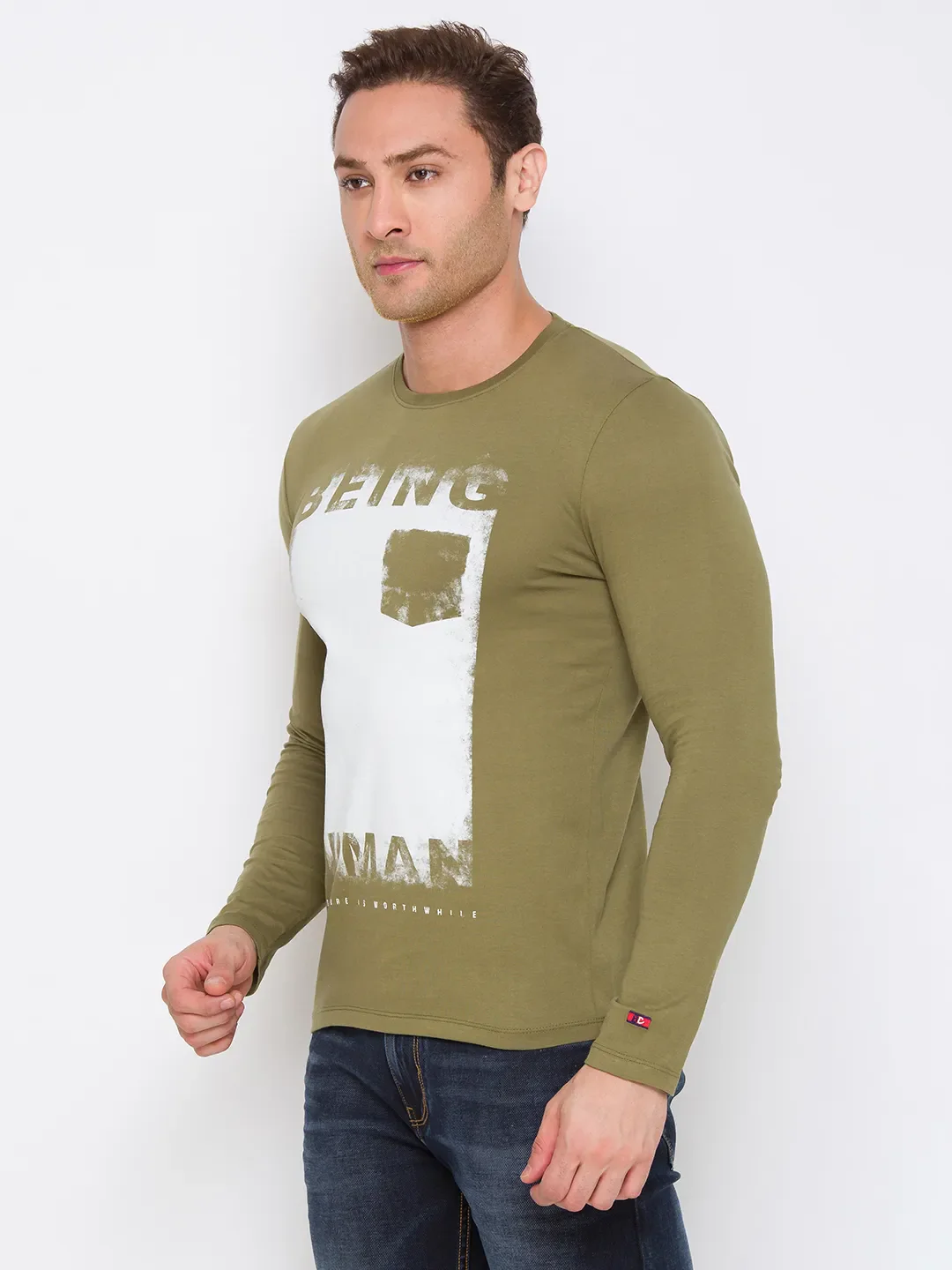 Green Regular Fit Men's Long Sleeves T-Shirt by Being Human Clothing - Image 2