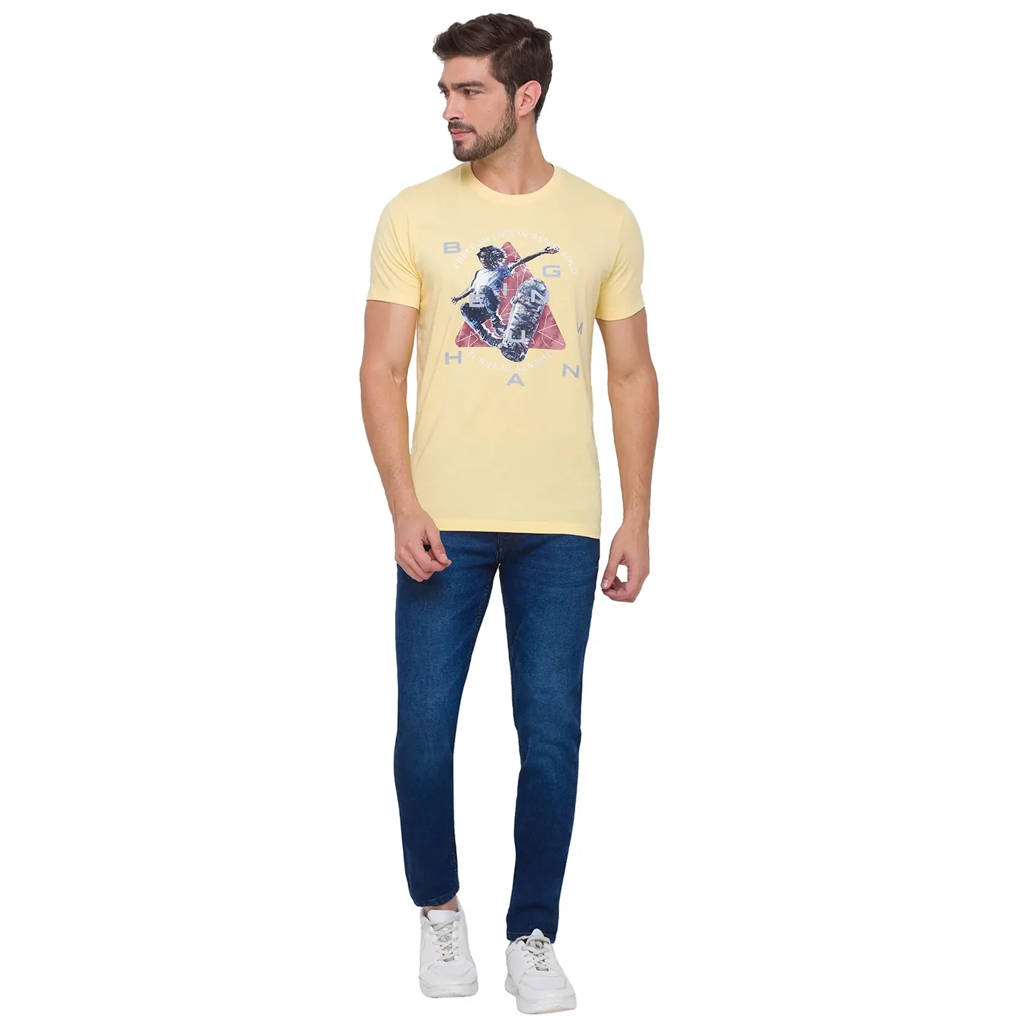 Pale Yellow Regular Fit Round Neck Men's T-Shirt by Being Human Clothing - Image 2