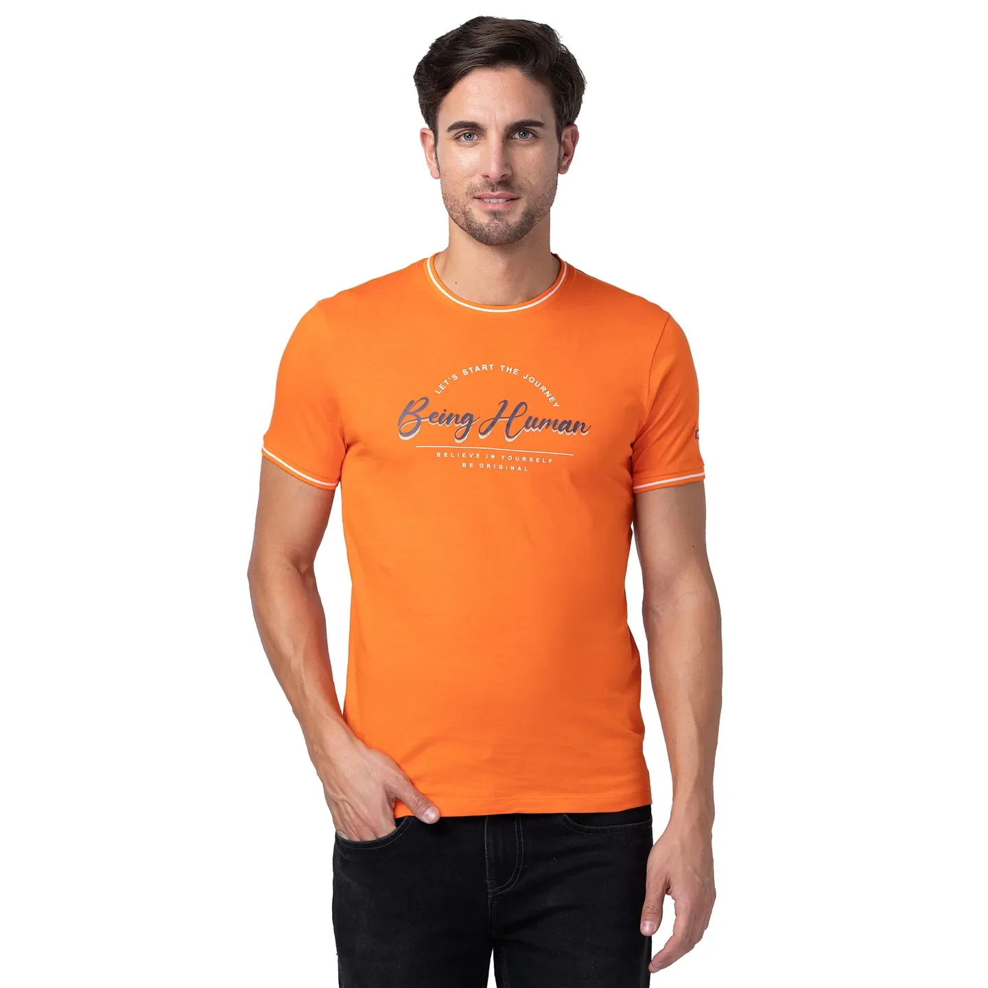 Red Orange Regular Fit Round Neck Men's T-Shirt by Being Human Clothing