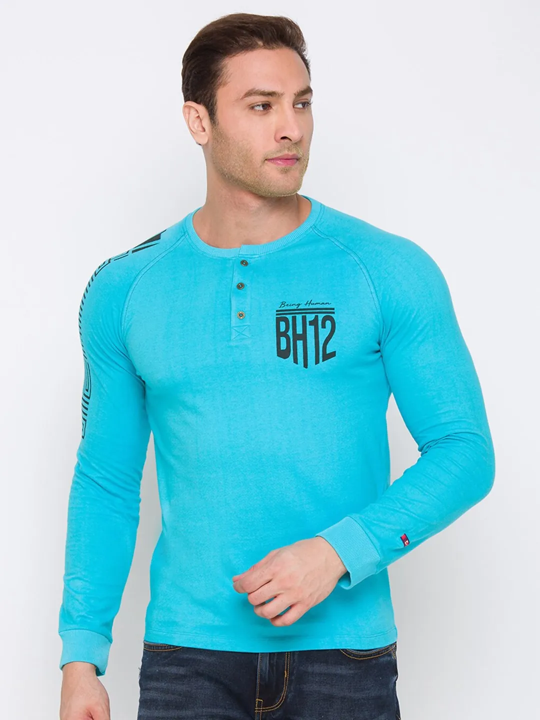 Blue Regular Fit Men's Long Sleeves T-Shirt by Being Human Clothing