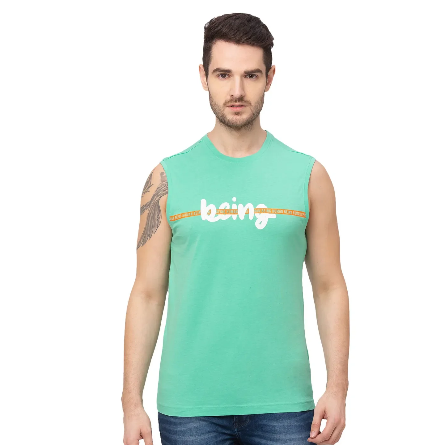Green Regular Fit Men's Sleevesles T-Shirt by Being Human Clothing