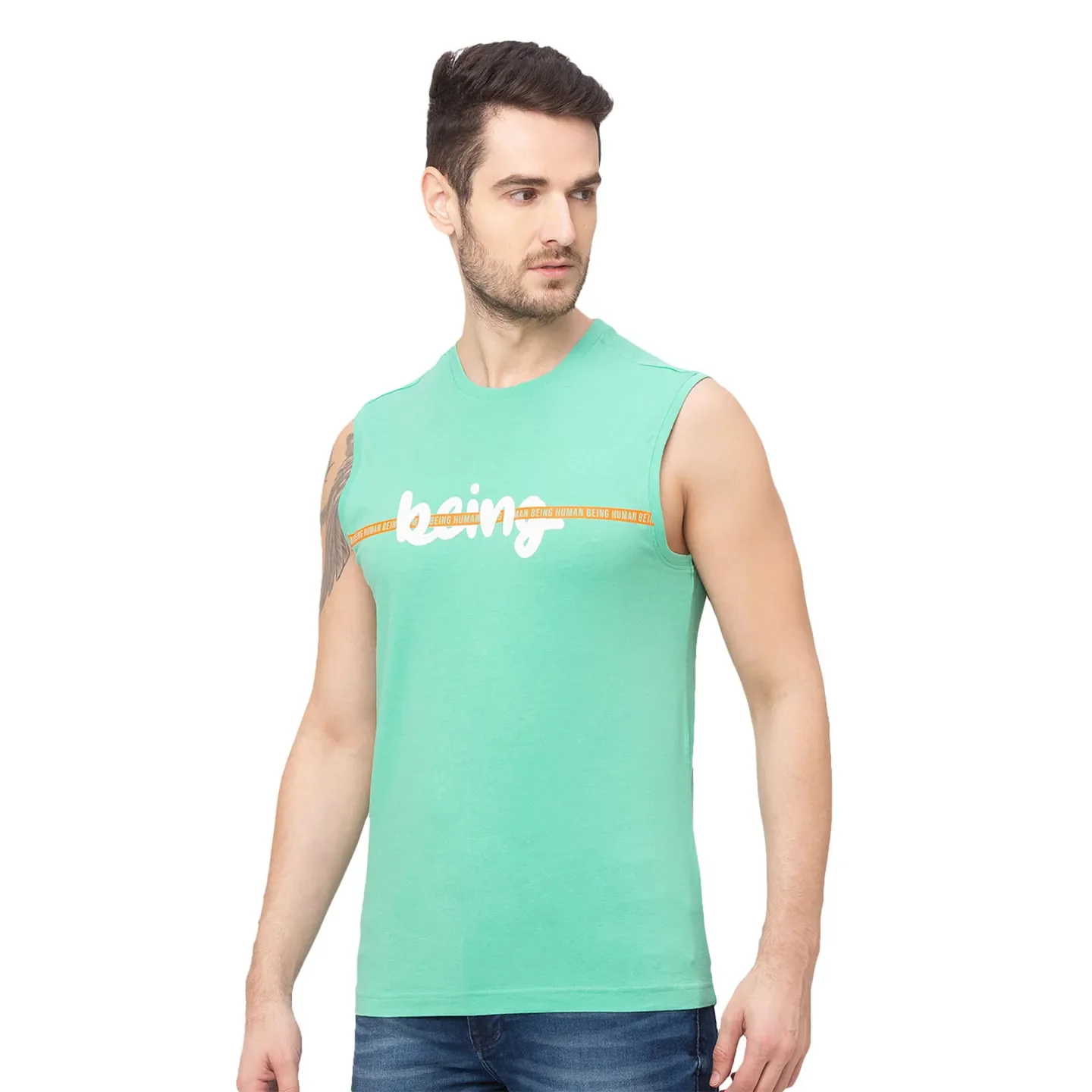 Green Regular Fit Men's Sleevesles T-Shirt by Being Human Clothing - Image 4