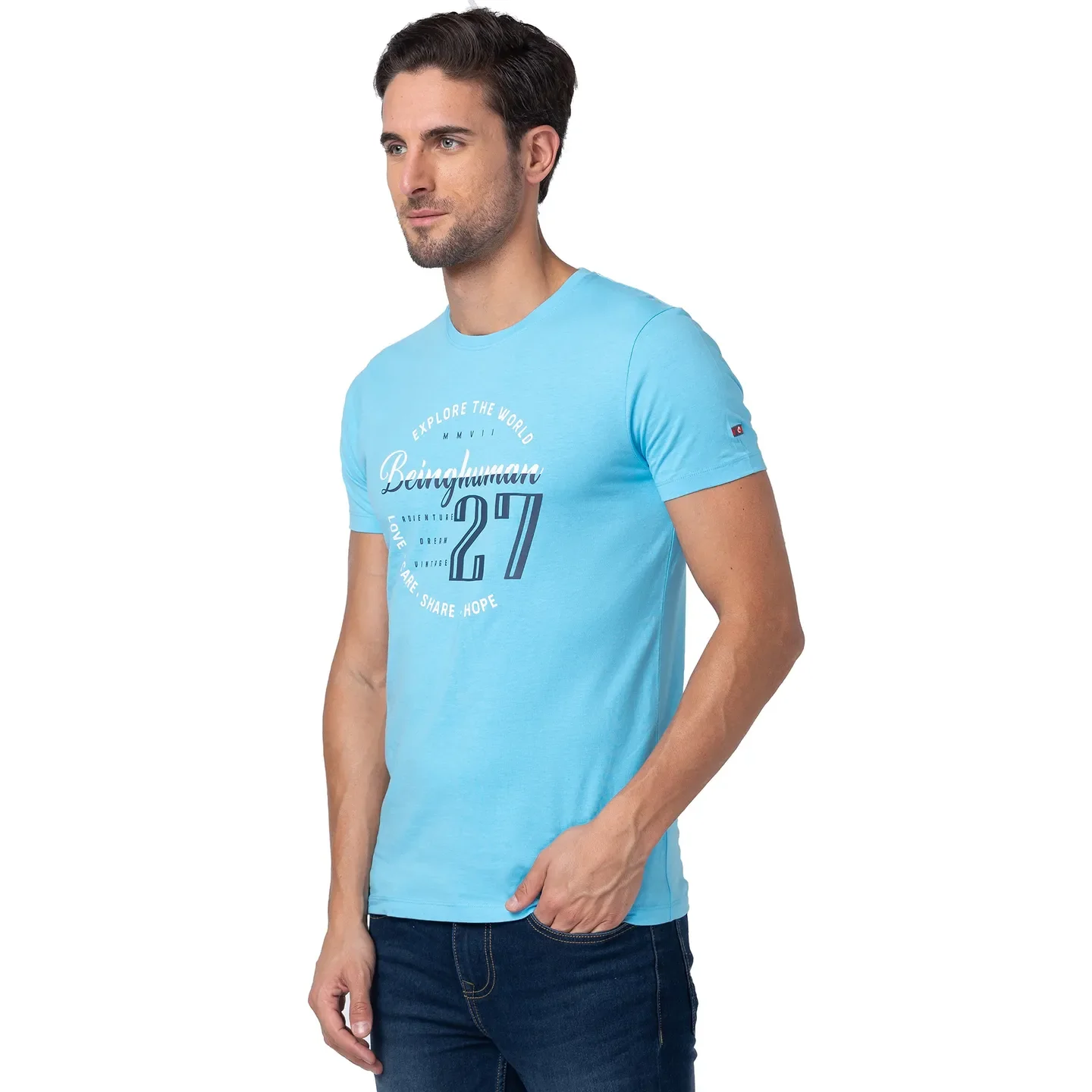 Splash Blue Regular Fit Round Neck Men's T-Shirt by Being Human Clothing - Image 4