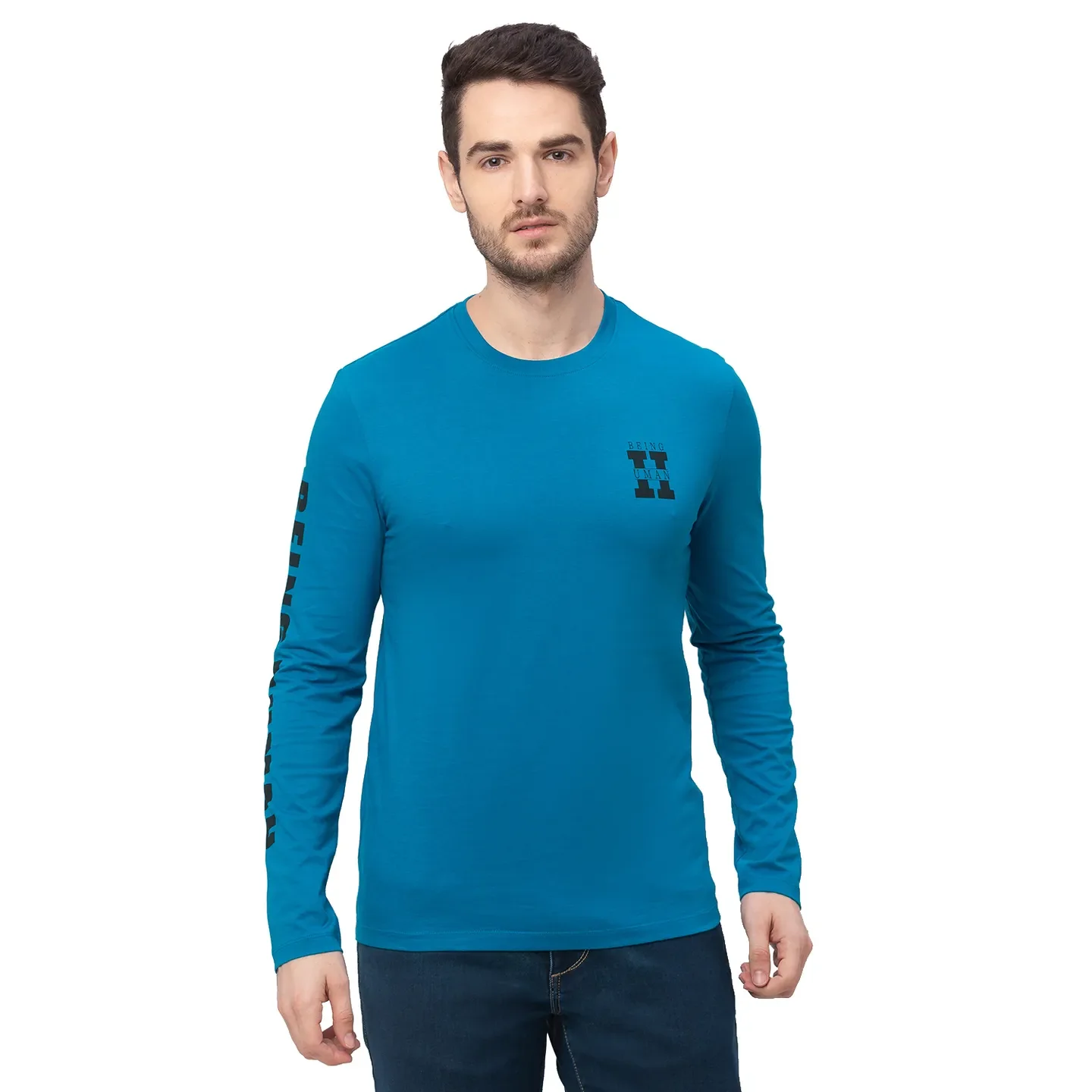 Teal Regular Fit Men's Long Sleeves T-Shirt by Being Human Clothing
