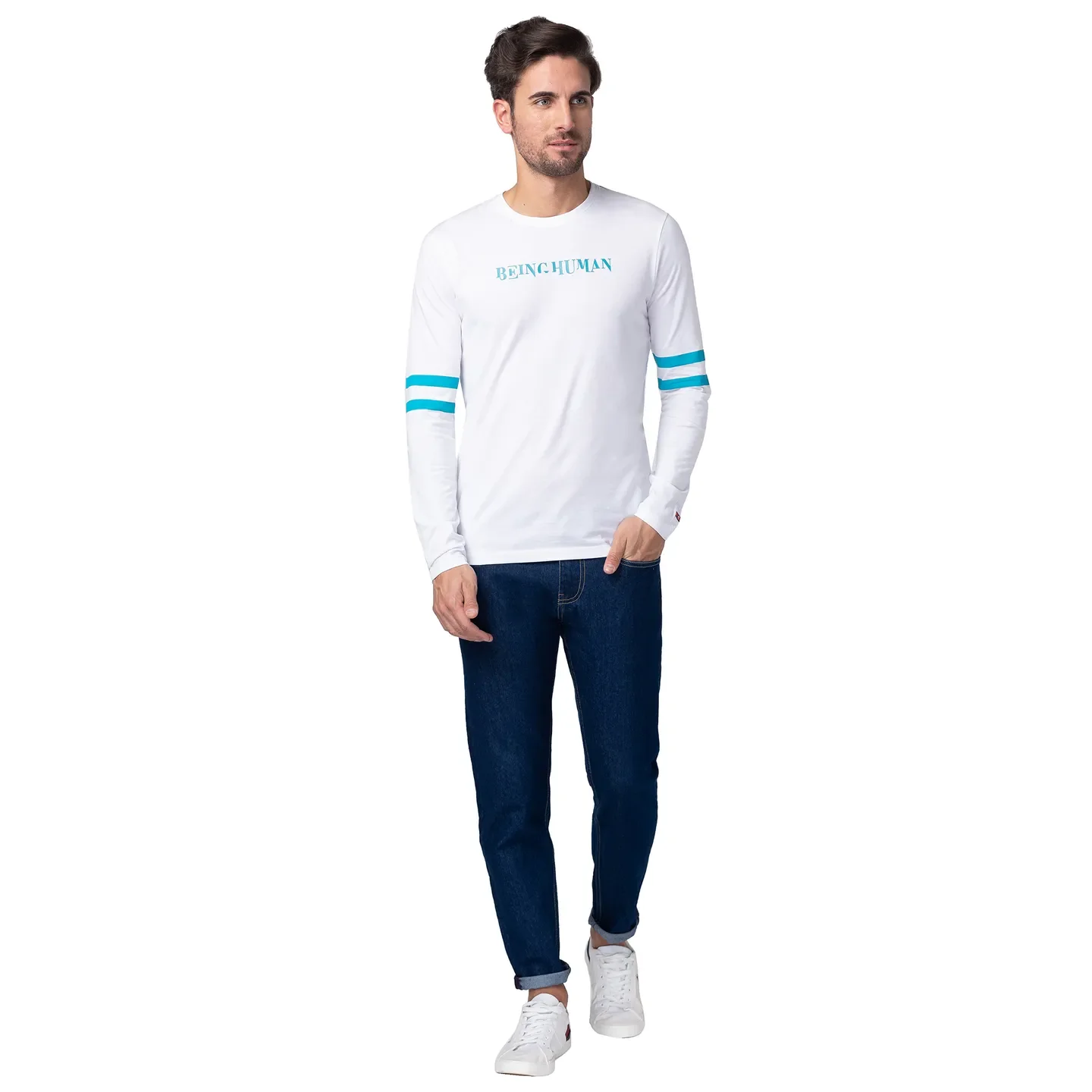 White Regular Fit Men's Long Sleeves T-Shirt by Being Human Clothing - Image 5