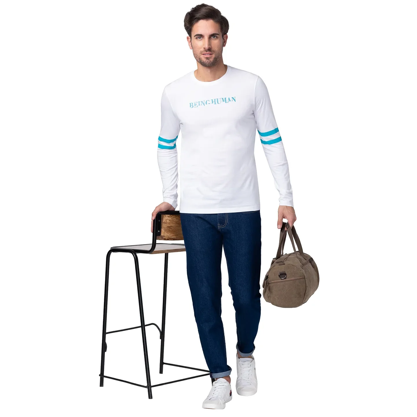 White Regular Fit Men's Long Sleeves T-Shirt by Being Human Clothing - Image 6