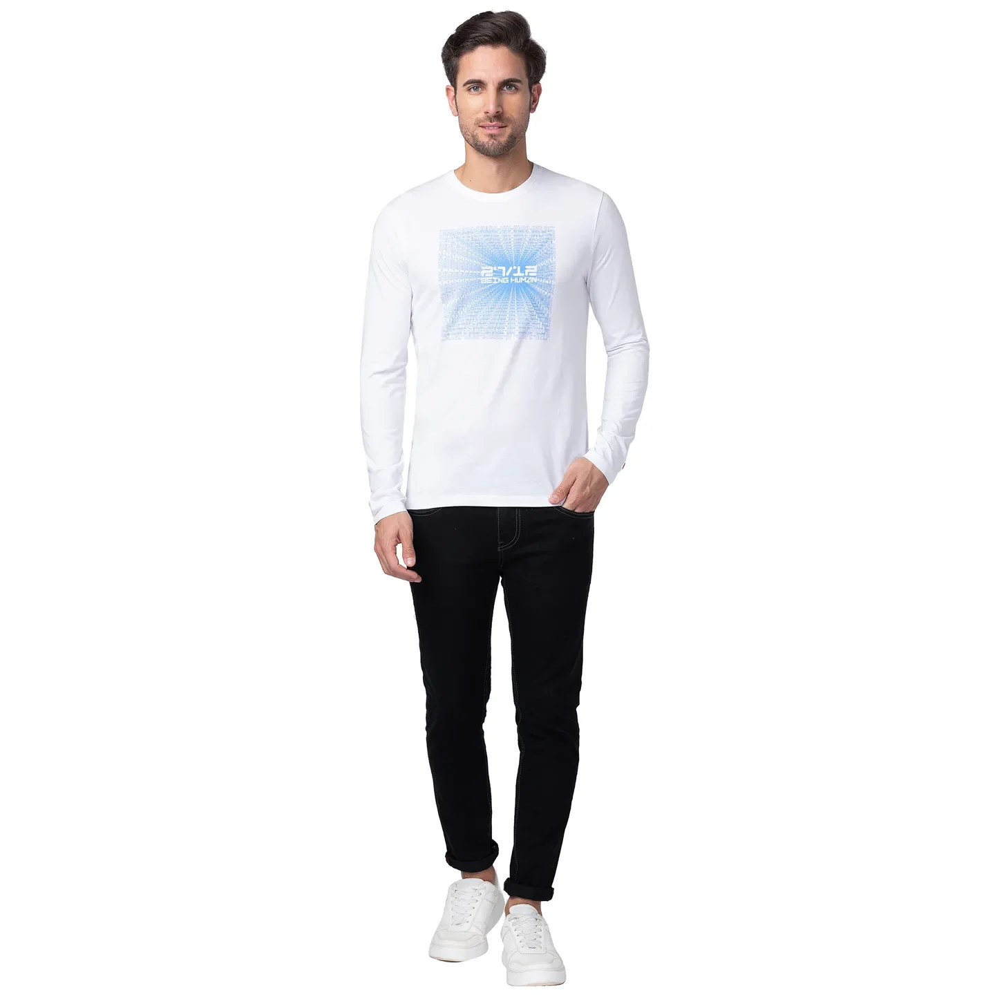White Regular Fit Men's Long Sleeves T-Shirt by Being Human Clothing - Image 5