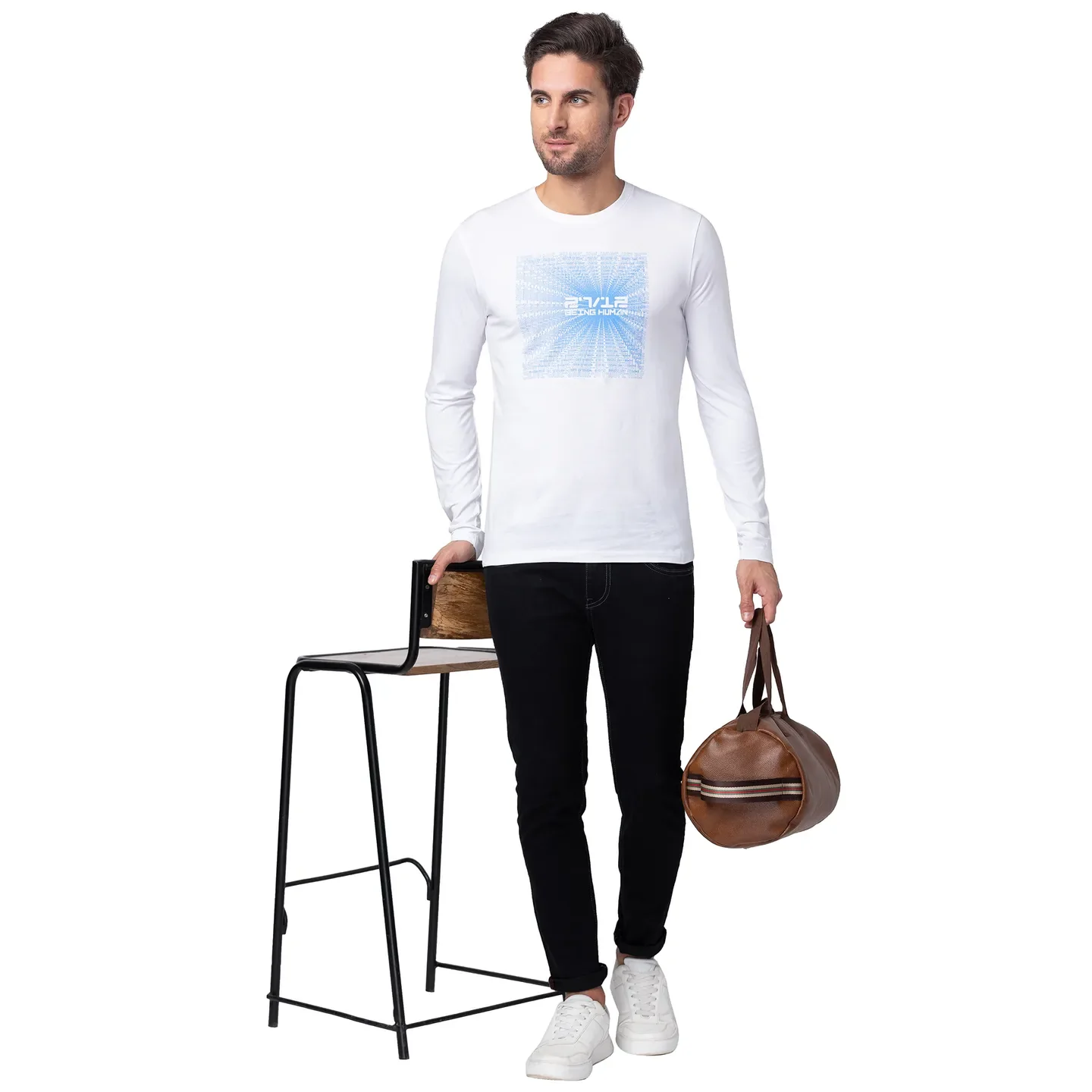 White Regular Fit Men's Long Sleeves T-Shirt by Being Human Clothing - Image 6