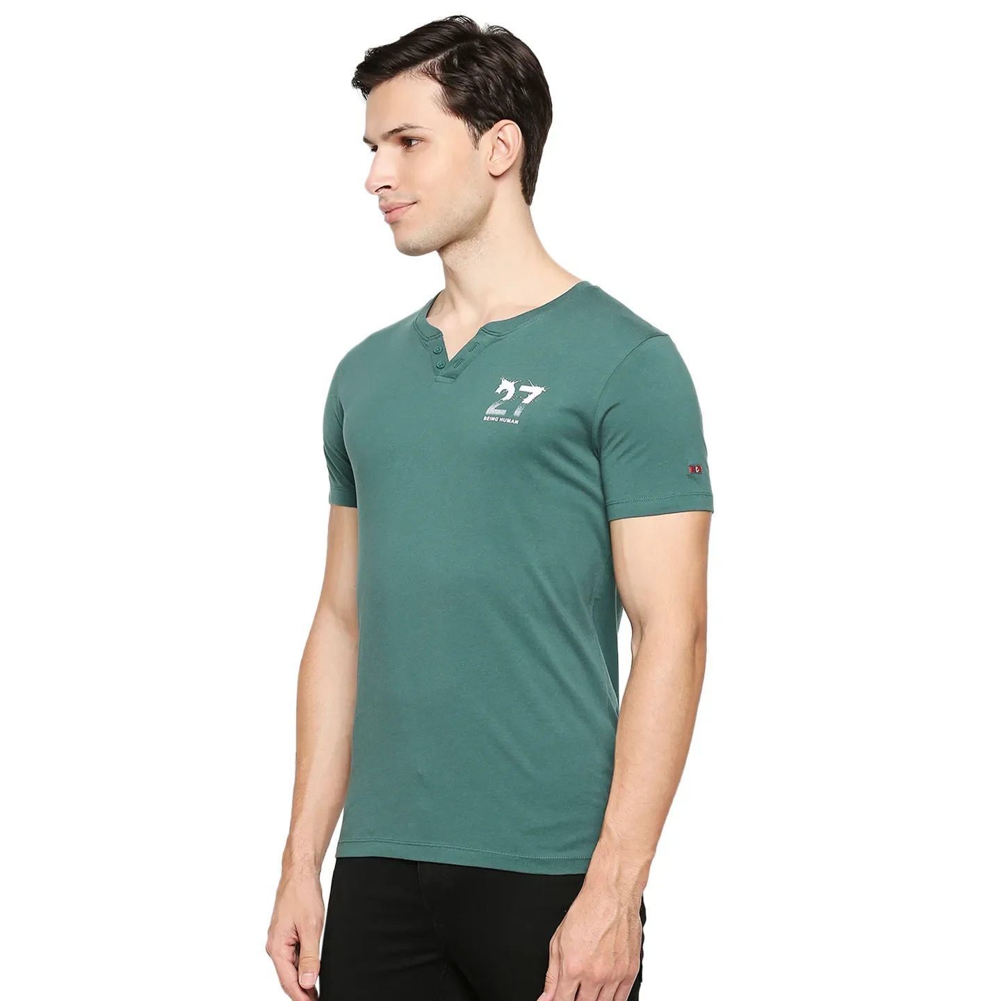 Bottle Green Regular Fit Henley Neck Men's T-Shirt by Being Human Clothing - Image 2