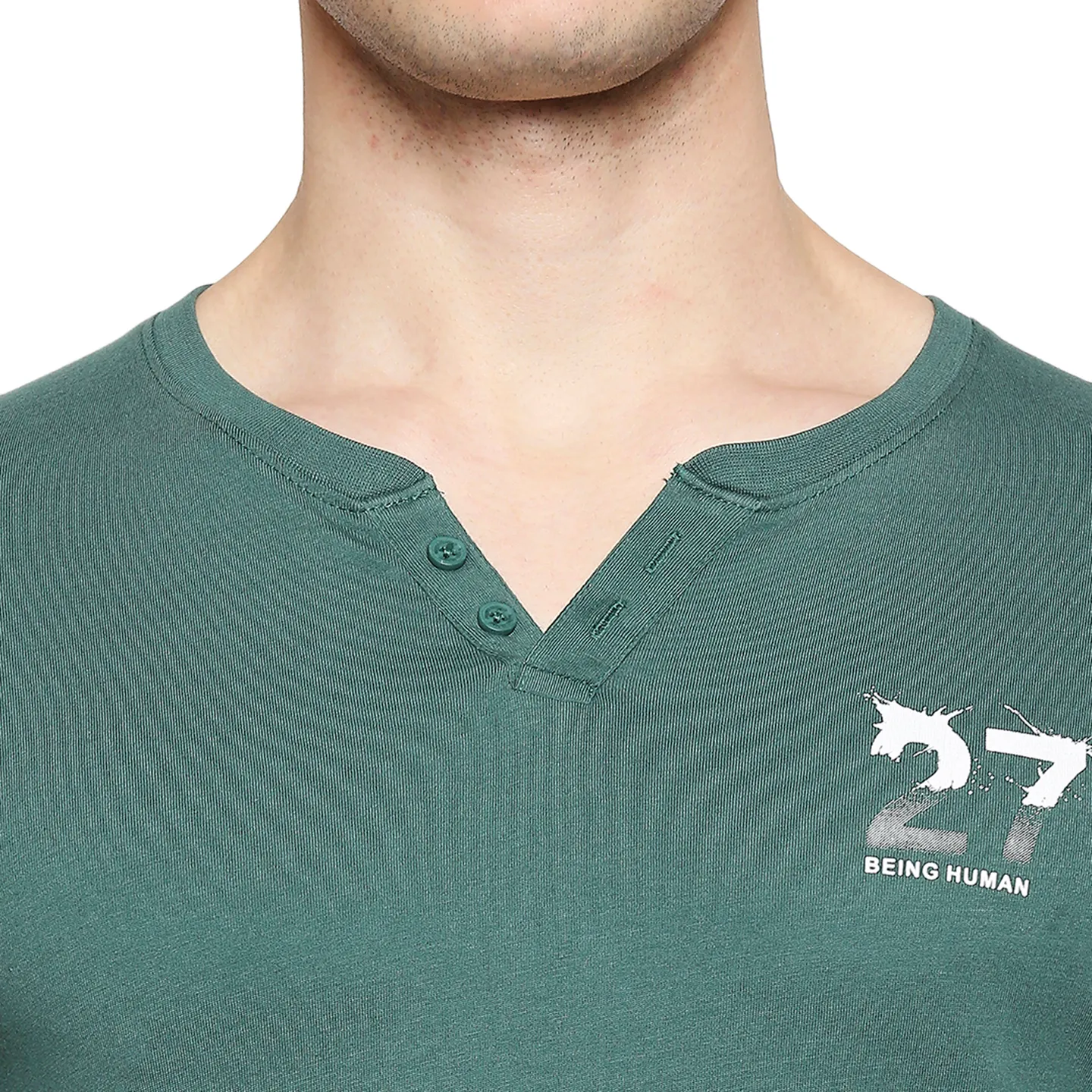 Bottle Green Regular Fit Henley Neck Men's T-Shirt by Being Human Clothing - Image 5