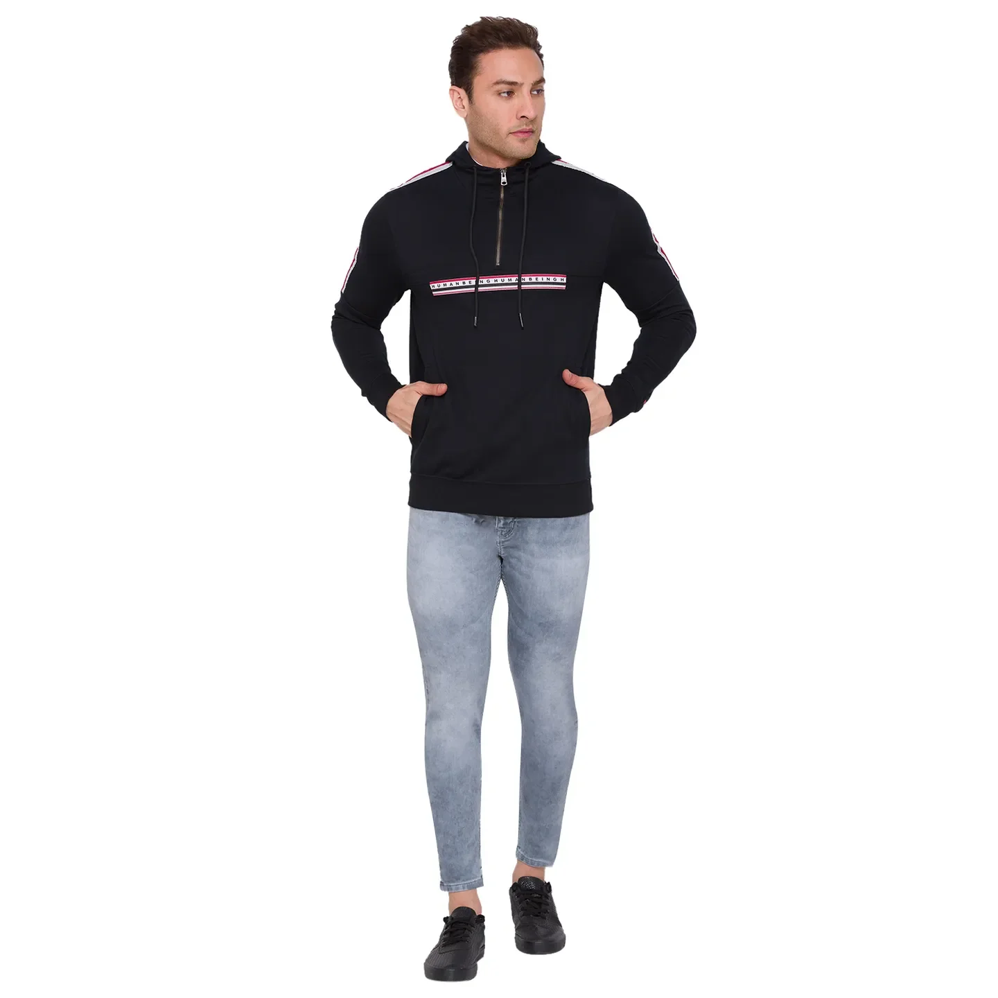 Black Regular Fit  Long Sleeves Cotton Men's Hoodie by Being Human Clothing - Image 2