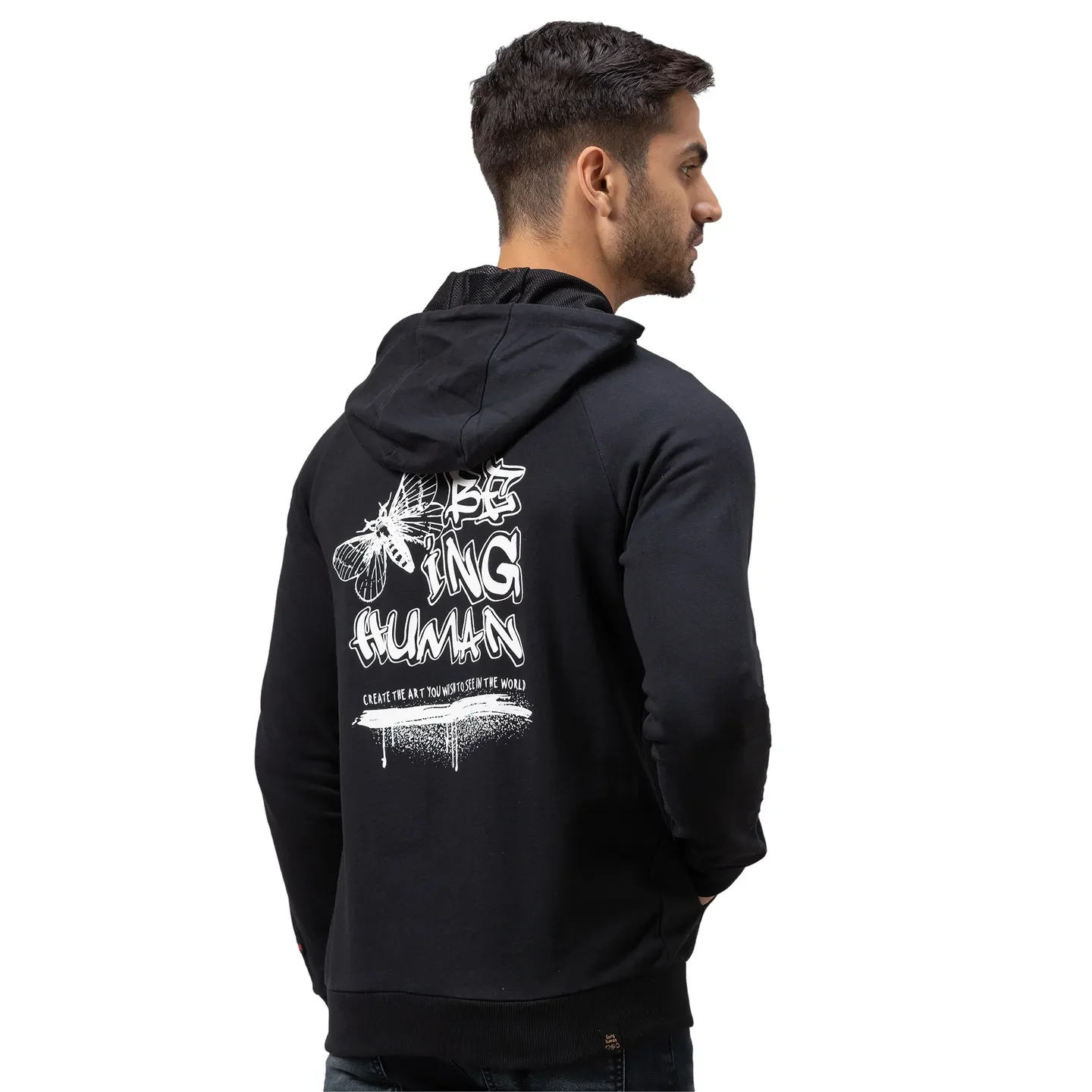 Black Regular Fit Long Sleeves Cotton Men's Hoodie by Being Human Clothing - Image 3