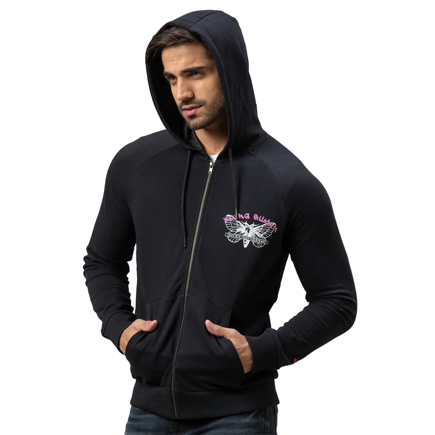 Black Regular Fit Long Sleeves Cotton Men's Hoodie by Being Human Clothing - Image 4